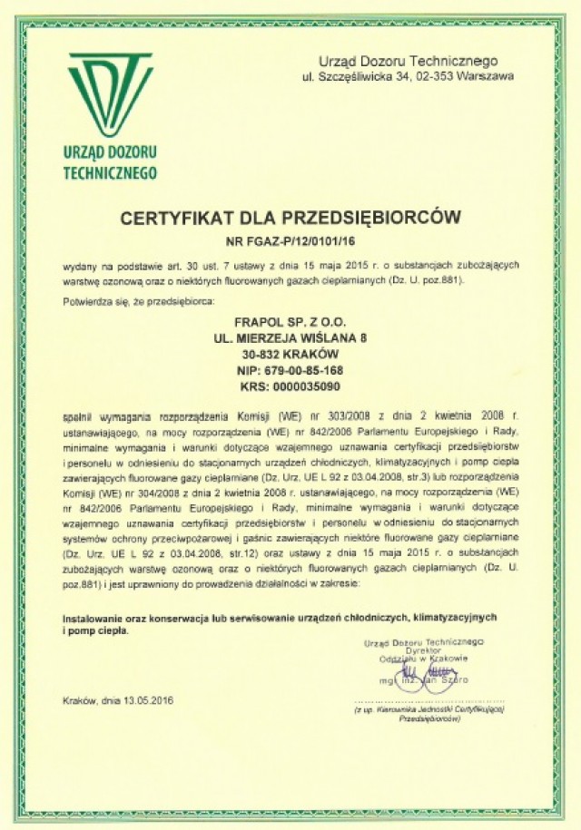 Certyfikat FGAZ dla Frapol